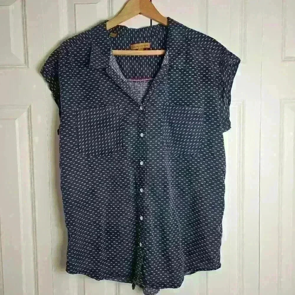 Jachs Girlfriend Tencel Blouse Women's Medium Navy With White Polkadot